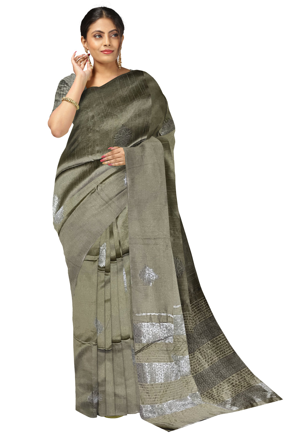 Southloom Semi SIlk Green Designer Saree with Woven Silver Zari Butta Works on Body