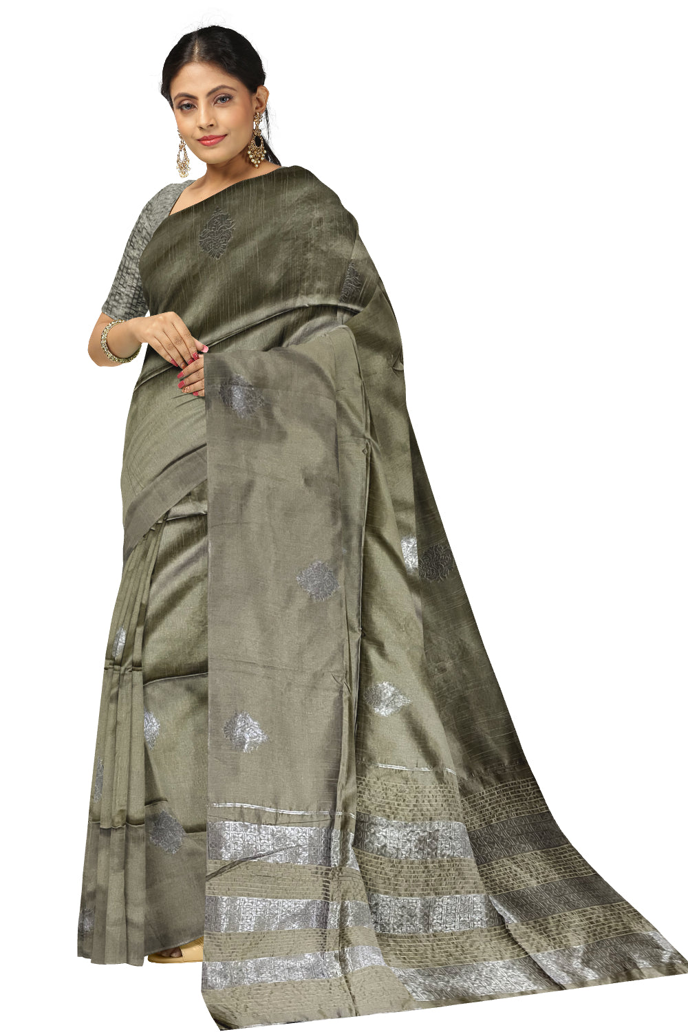 Southloom Semi SIlk Green Designer Saree with Woven Silver Zari Butta Works on Body