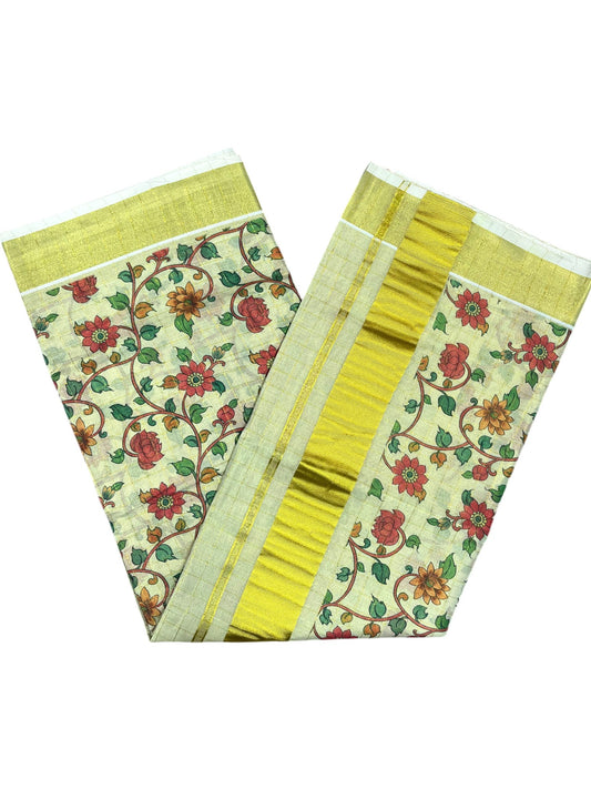 Southloom Tissue Check Kalamkari Print Kerala Kasavu Saree