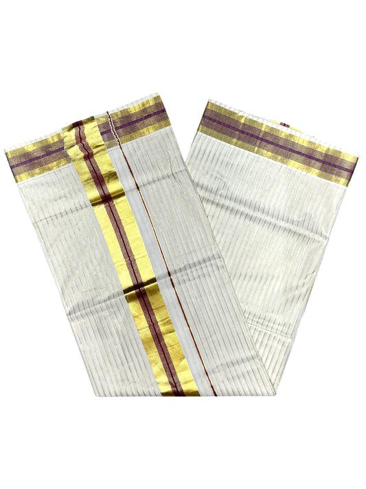 Southloom Pure Cotton Kerala Kasavu Lines Design Saree with Purple Border