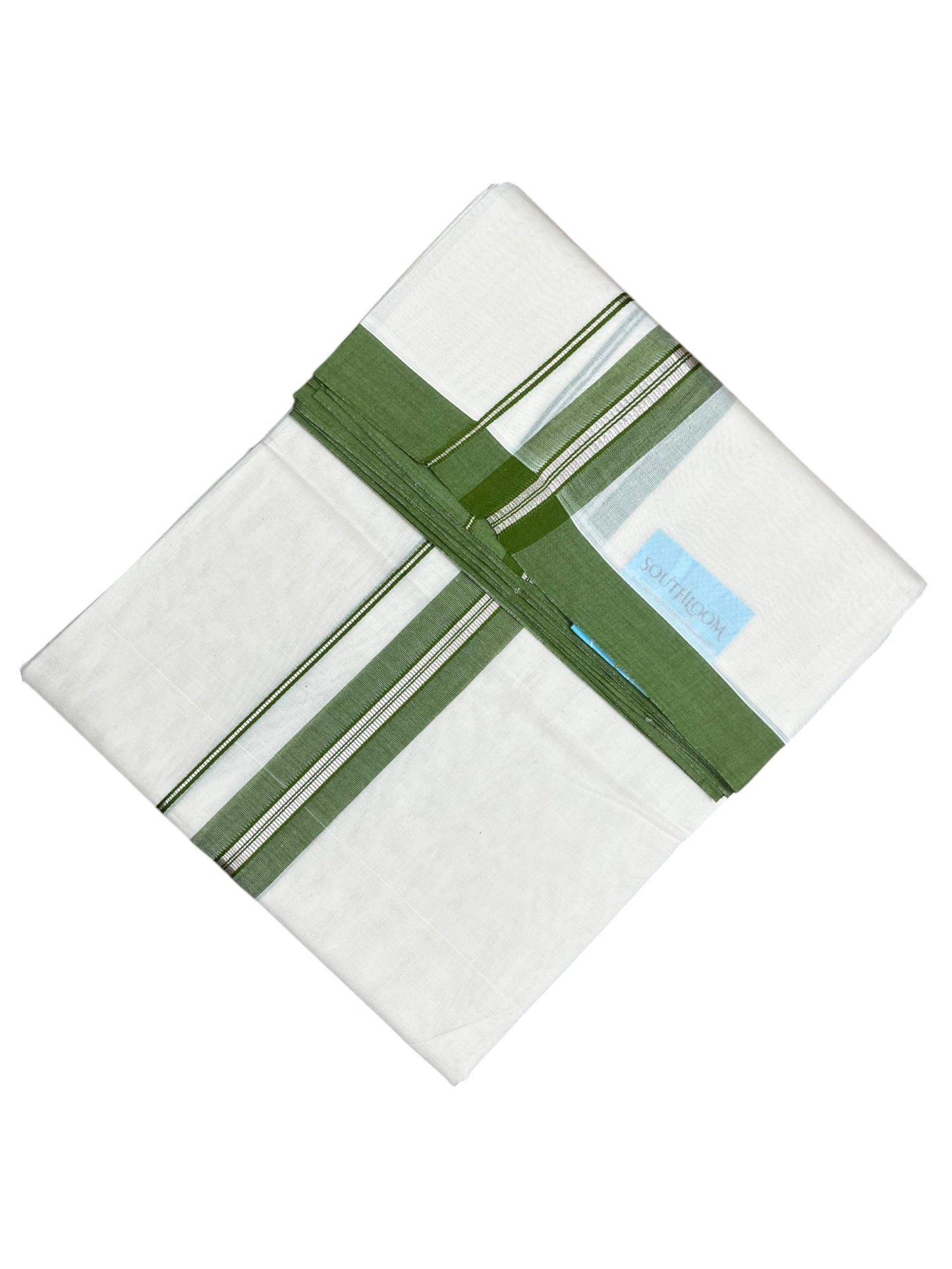 Southloom Pure Cotton Mundu with Silver Lines and Green Border (South Indian Kerala Dhoti)