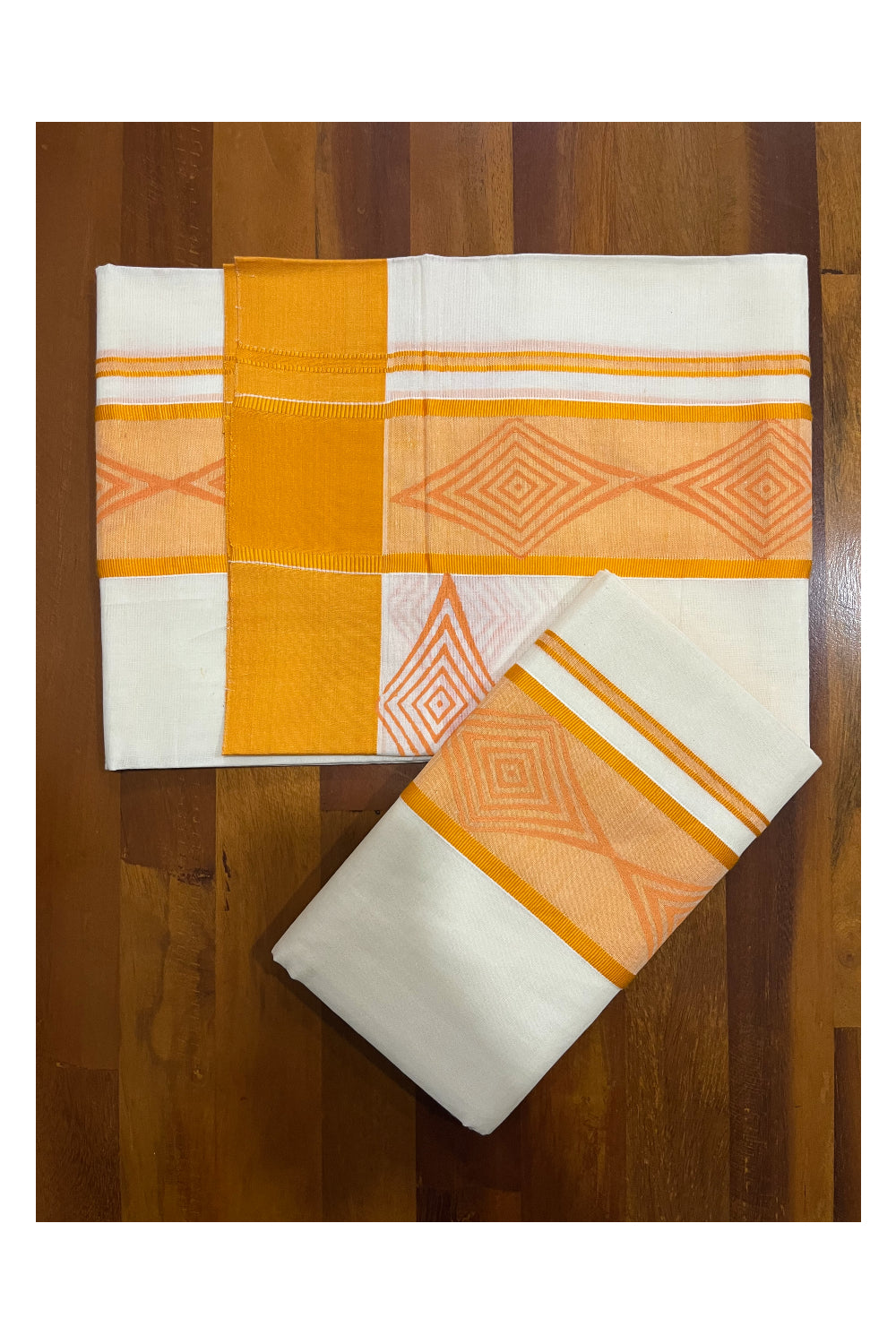 Pure Cotton Kerala Single Set Mundu (Mundum Neriyathum) with Orange Block Printed Border