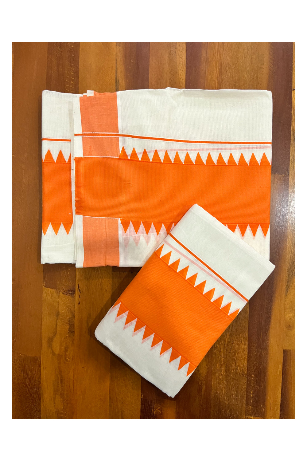 Kerala Pure Cotton Set Mundu Single (Mundum Neriyathum) with Orange Temple Border 2.80 Mtrs