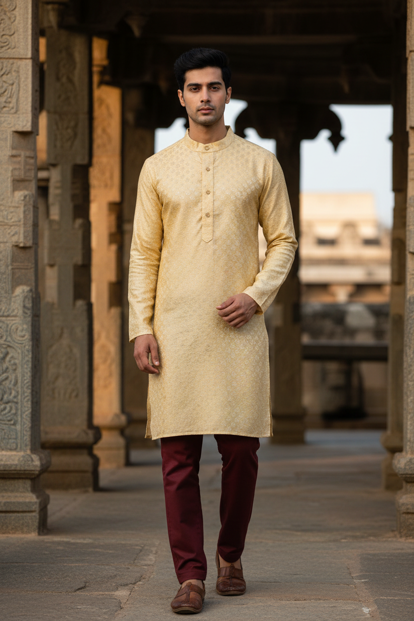 Southloom Semi Silk Short Kurta for Men in Light Yellow Colour