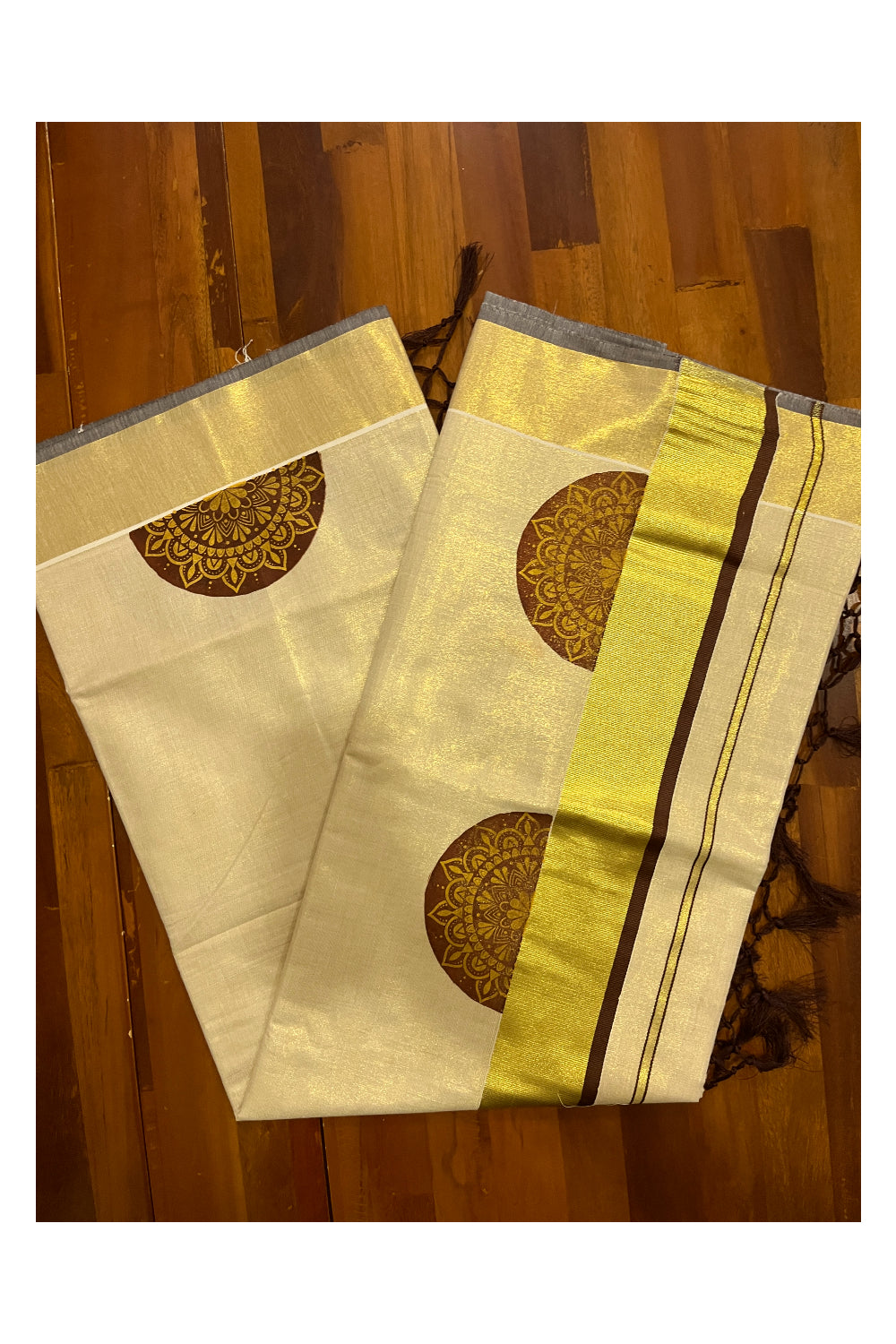 Kerala Tissue Kasavu Saree with Brown Block Prints and Kasavu Brown Border