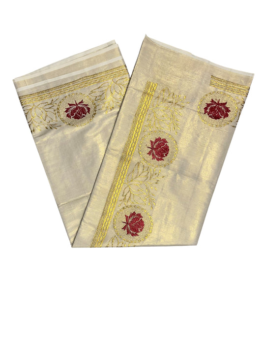 Southloom Kerala Tissue Kasavu Plain Saree with Red Floral Embroidery Works