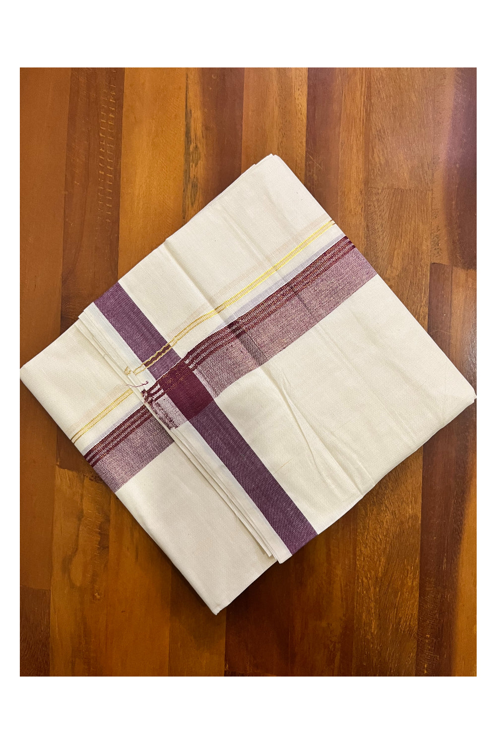 Off White Kerala Cotton Double Mundu with Kasavu and Purple Border (South Indian Kerala Dhoti)