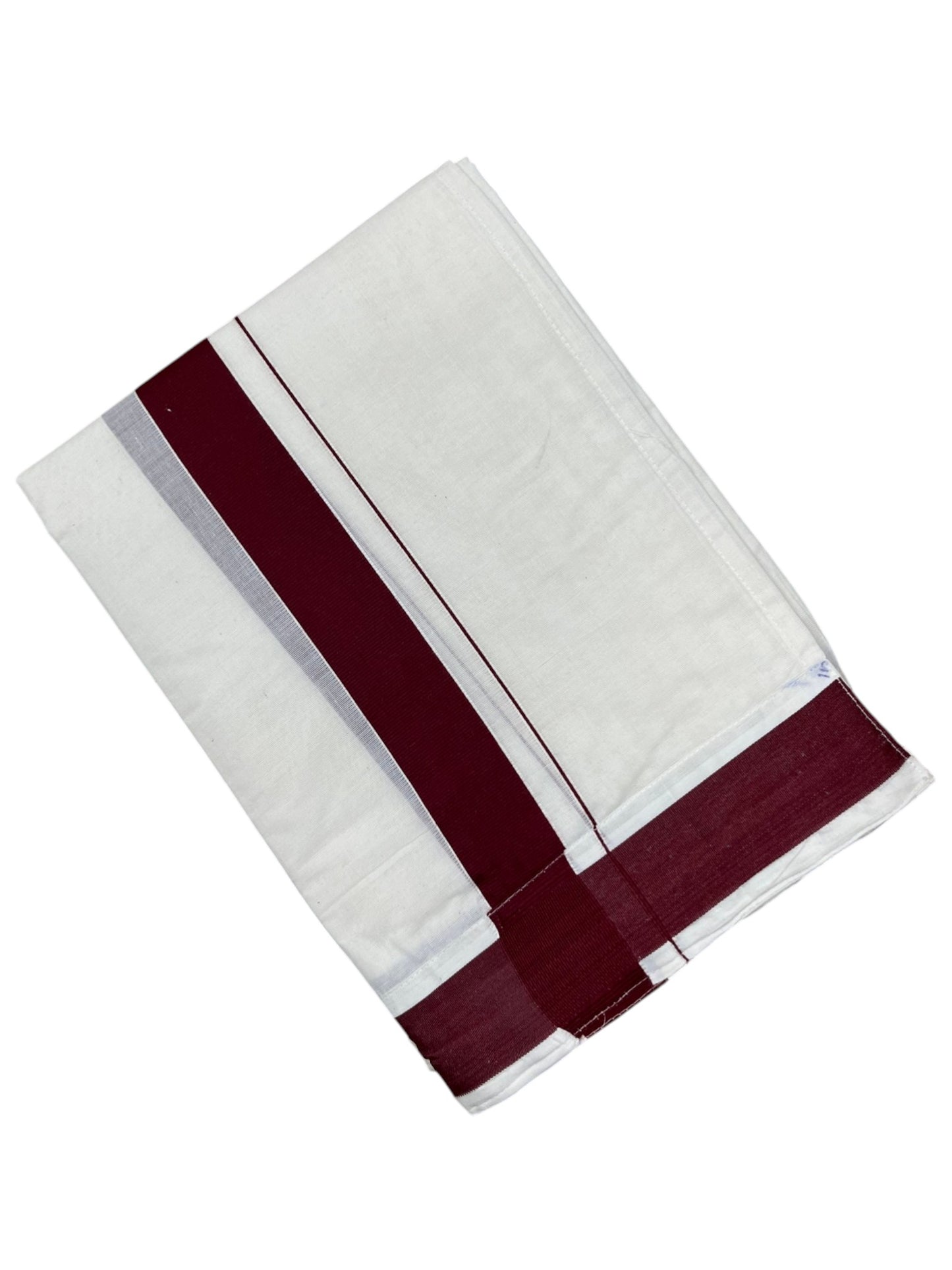 Southloom Kerala Cotton Velcro Double Mundu with Maroon Border (South Indian Kerala Dhoti) in 3.85 mtrs