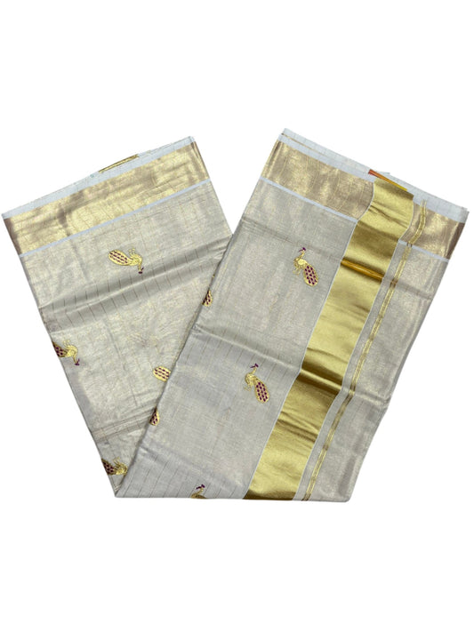 Southloom Tissue Kerala Kasavu Lines Saree with Peacock Embroidery Work on Body in Magenta