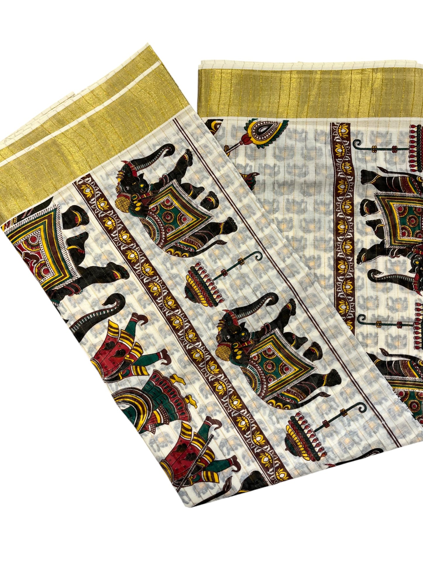 Kerala Cotton  Kasavu Saree With Mural Festival Parasol Stripes and Elephant Design