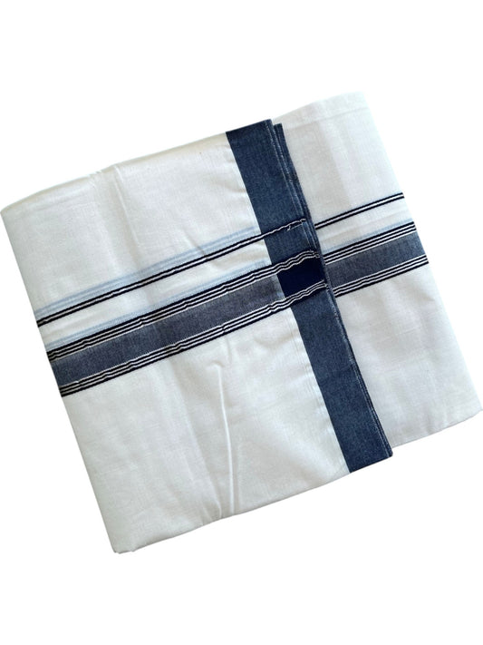 Southloom Pure Cotton Mundu with Silver Lines and Blue Border (South Indian Kerala Dhoti)