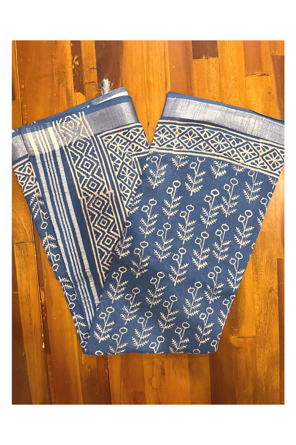 Southloom Linen Blue Saree with Designer Prints on Body