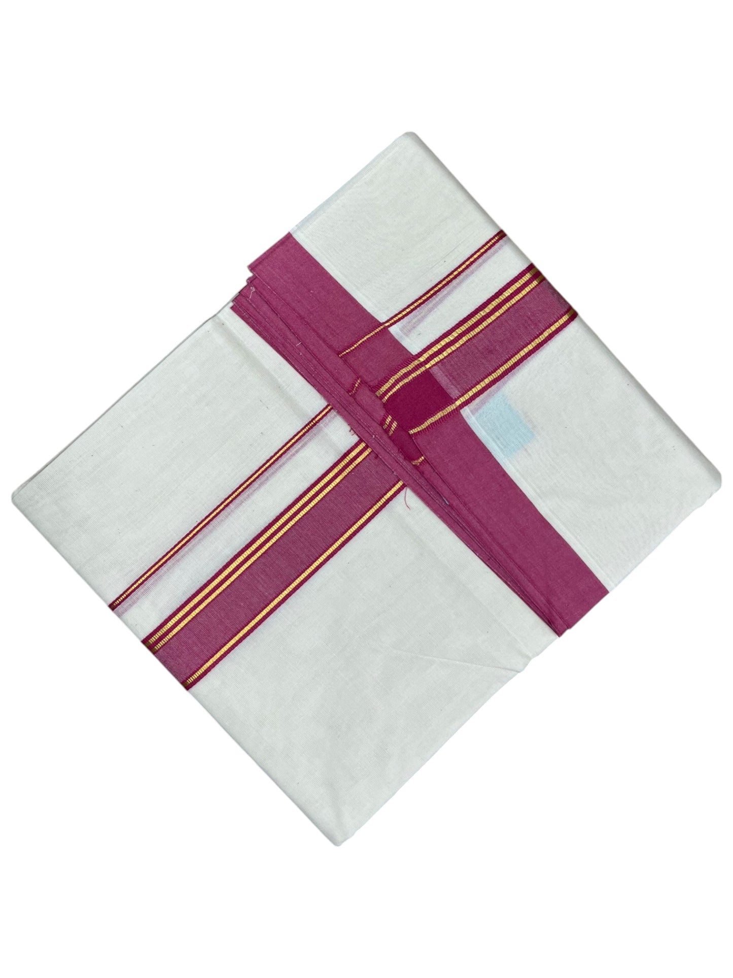 Southloom Pure Cotton Mundu with Gold Lines and Magenta Border (South Indian Kerala Dhoti)