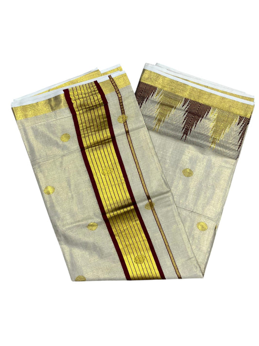 Southloom Kerala Tissue Kasavu Saree with Temple Woven Work on Body and Maroon Border