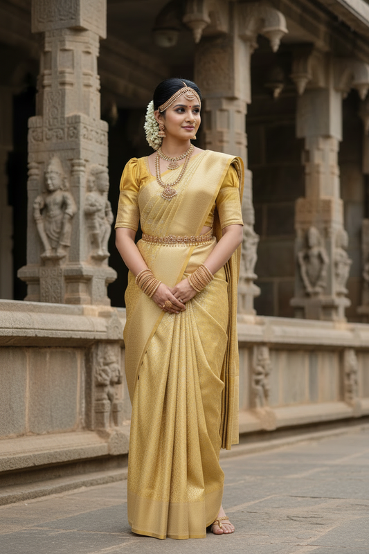 Southloom Brocade Silk Saree with Silver Zari Work in Yellow Pastel Shade