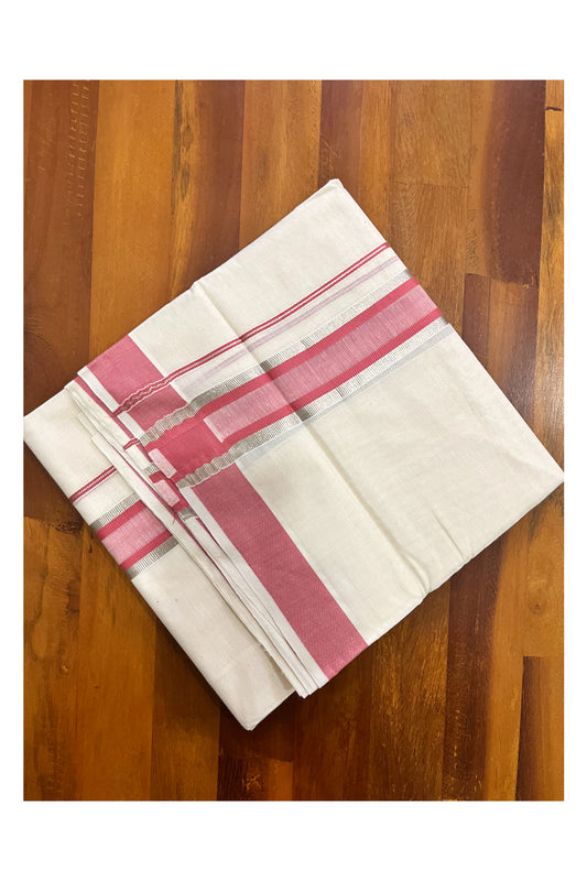 Kerala Cotton Off White Double Mundu with Silver Kasavu and Brick Red Border (South Indian Kerala Dhoti)