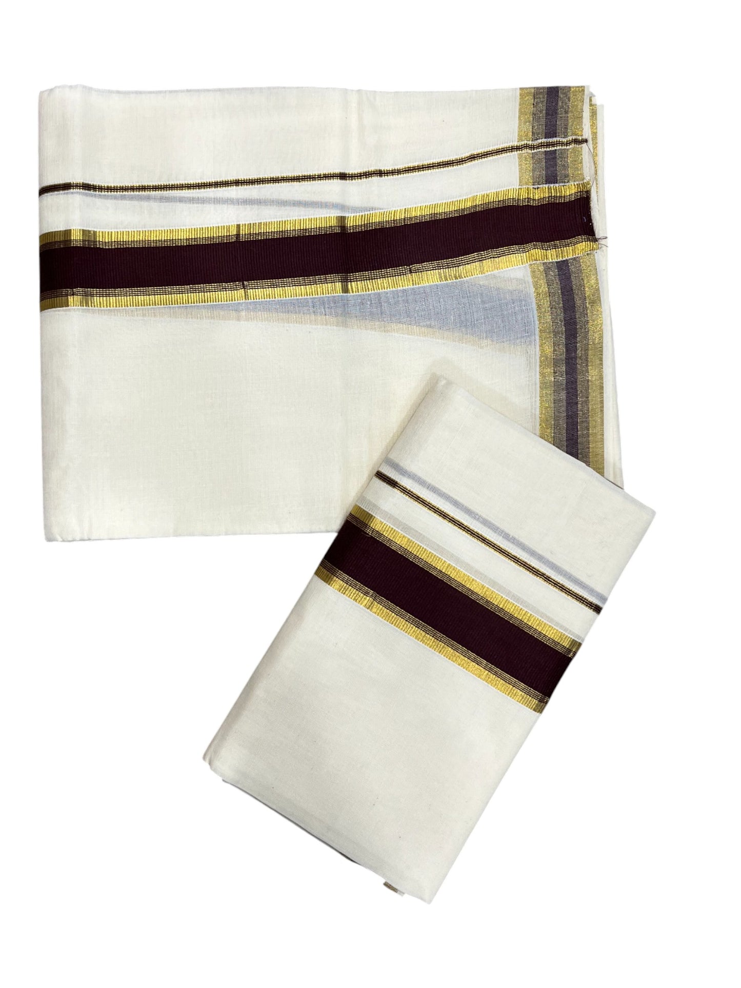 Kerala Cotton Set Mundu (Mundum Neriyathum) with Kasavu and Brown Border