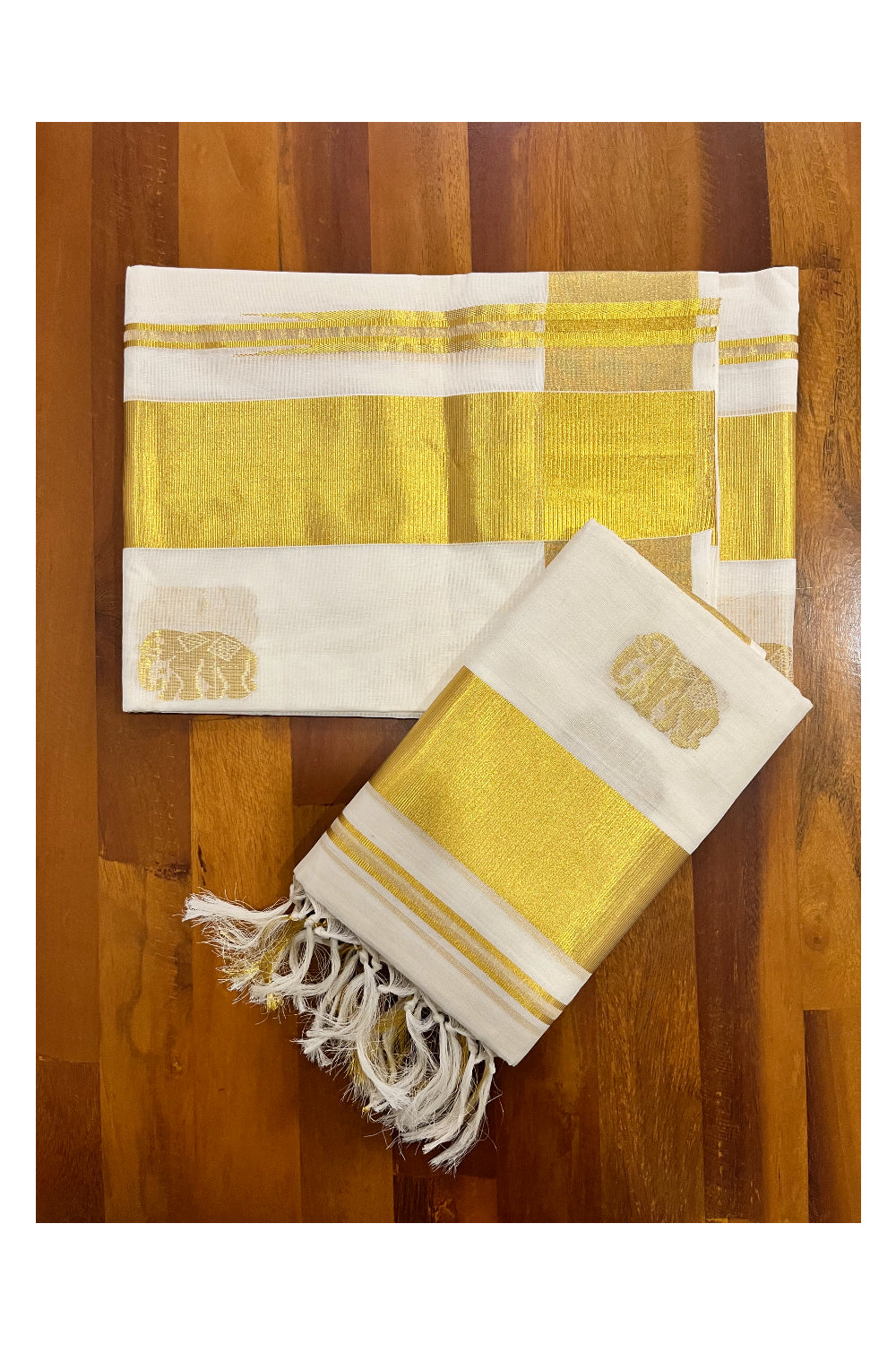 Southloom Handloom Premium Pure Cotton Kasavu Set Mundu (Mundum Neriyathum) with Elephant Woven Designs