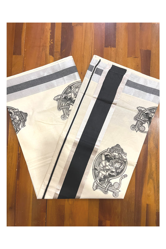 Pure Cotton Kerala Silver Kasavu Saree with Krishna on Shell Mural Prints and Black Border (Onam Saree 2023)