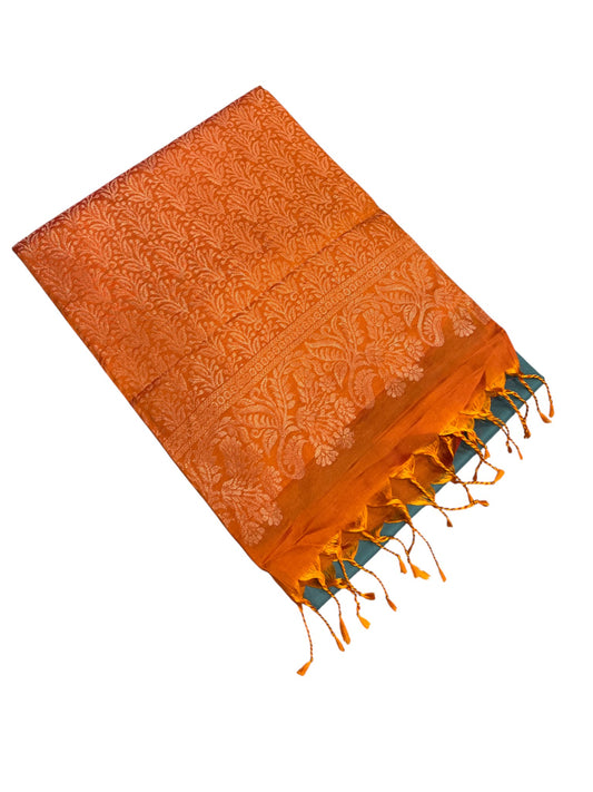 Southloom Pure Handloom Kanchipuram Silk Saree with Korvai Work (Orange & Blue)
