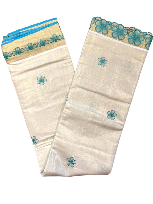 Southloom Kerala Tissue Kasavu Saree with Turquoise Floral Embroidery on Body and Border