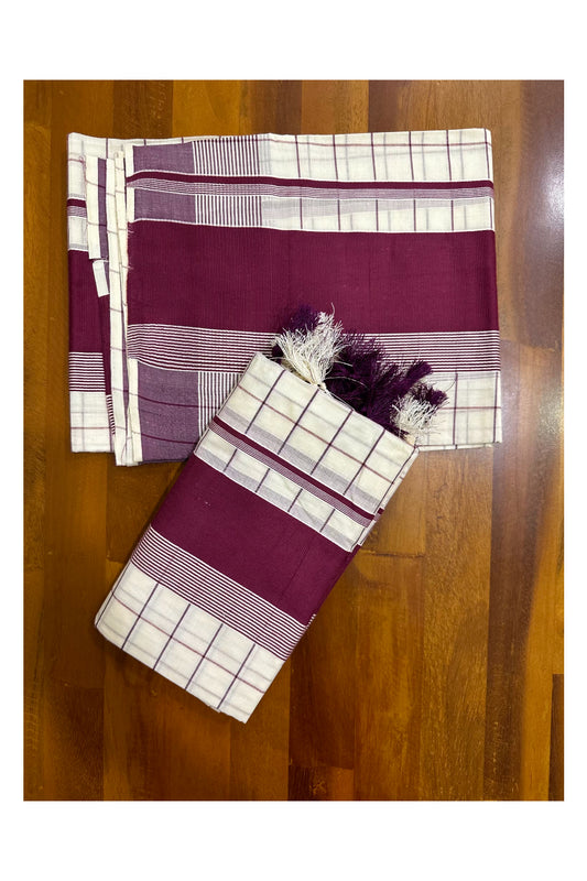 Pure Cotton Kerala Single Set Mundu (Mundum Neriyathum) with Purple Check Designs on Body 2.80 Mtrs (Vishu Collection 2024)