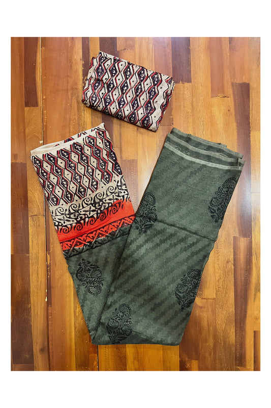 Southloom Green Crepe Fabric Saree with Brown Printed Blouse Piece