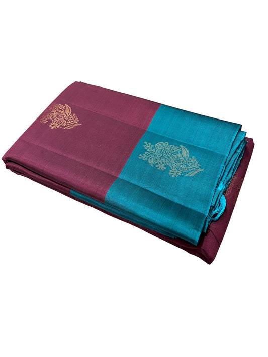 Southloom Pure Handloom Kanchipuram Silk Saree with Butta Work (Purple & Blue)