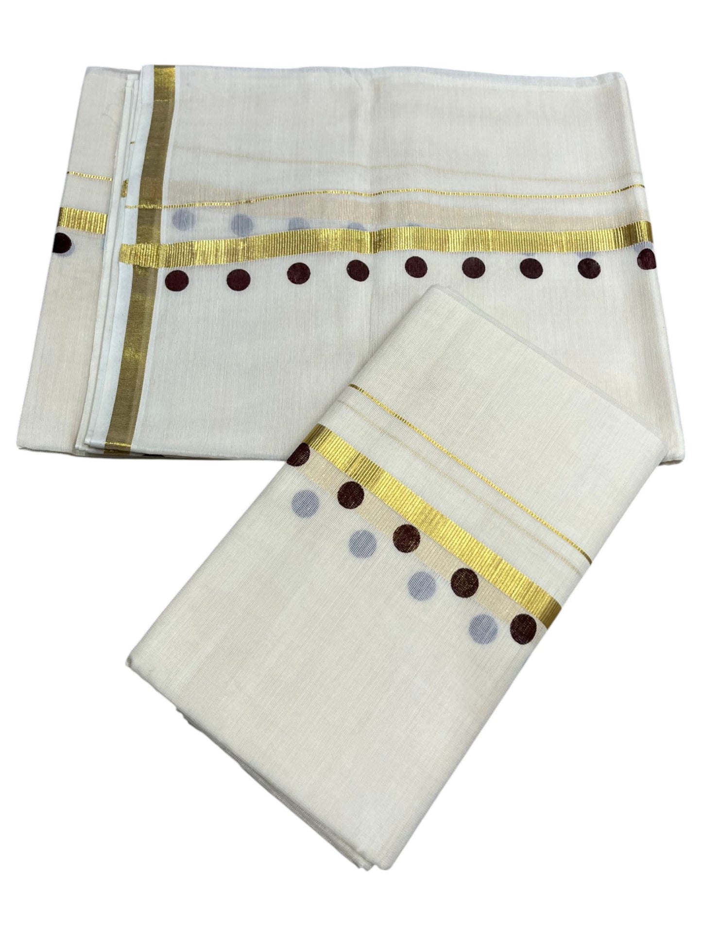 Southloom Pure Cotton Kerala Single Set Mundu (Mundum Neriyathum) with Polka Dots in Brown 2.80 Mtrs