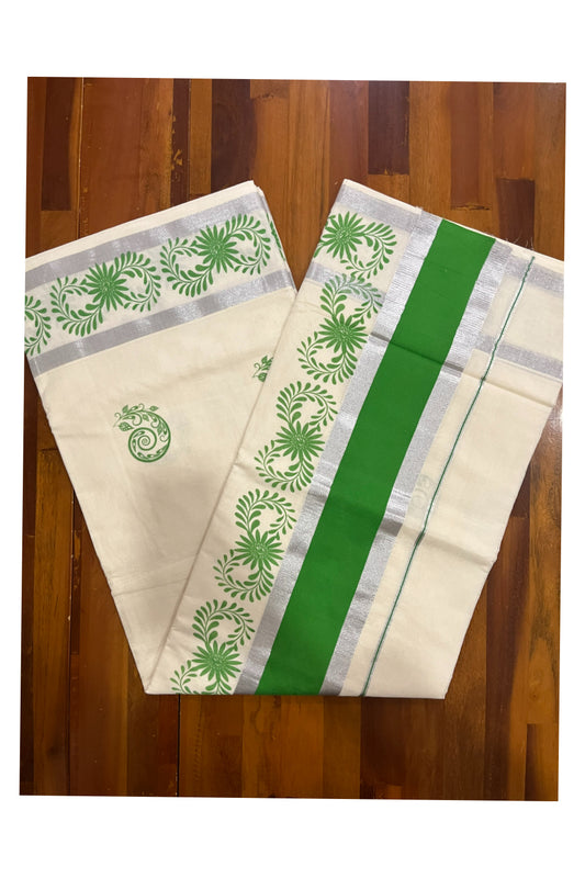 Pure Cotton Off White Kerala Saree with Light Green Floral Block Printed Silver Border (Onam Saree 2023)