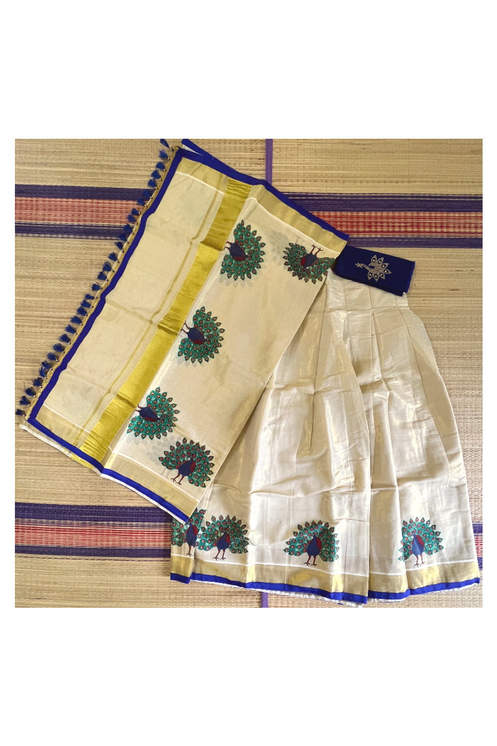 Semi Stitched Dhavani Set with Tissue Mural Print Design Pavada and Blue Bead Work Blouse Piece