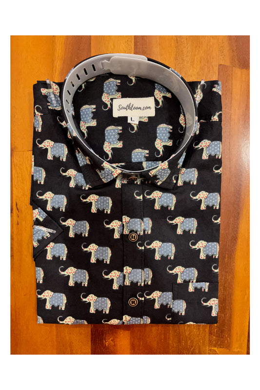 Southloom Jaipur Cotton Elephant Hand Block Printed Black Shirt (Half Sleeves)