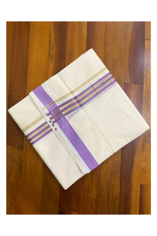 Kerala Pure Cotton Double Mundu with Violet and Kasavu Line Border (South Indian Kerala Dhoti)