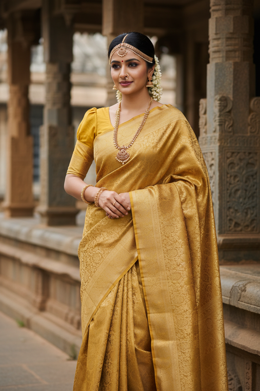 Southloom Premium Semi Silk Zari Work Brocade Saree in Bridal Yellow with Matching Pallu