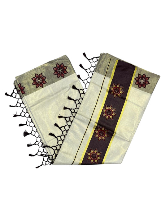 Southloom Kerala Tissue Kasavu Saree with Floral Block Prints in Brown Border