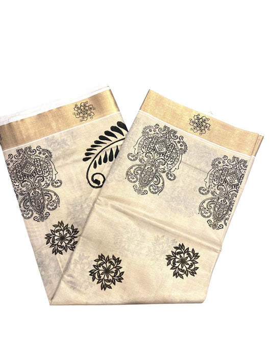 Kerala Tissue Kasavu Saree with Black Floral Block Printed Designs