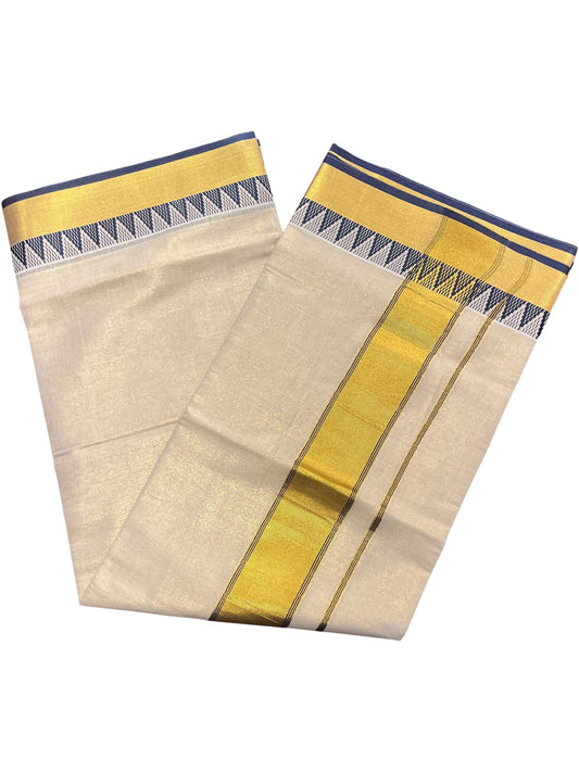Southloom Pure Cotton Kerala Kasavu Saree with Blue Temple Border