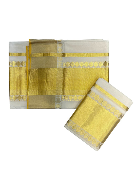 Southloom Handloom Premium Cotton Kasavu Set Mundu With Polka Woven Patterns On Border (Mundum Neriyathum) 2.80 Mtrs