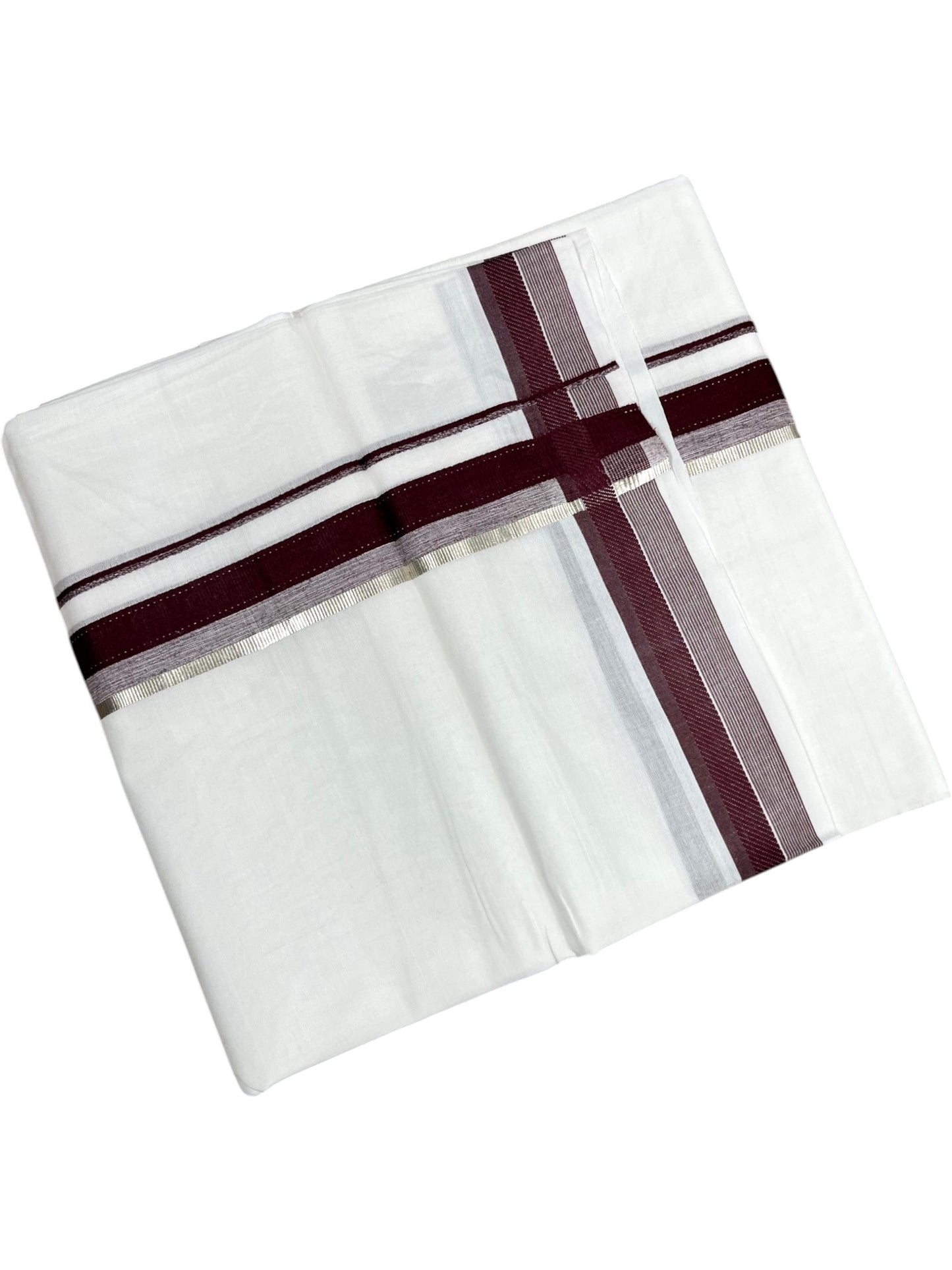 Southloom Pure White Cotton Mundu with Silver Line & Purple Border (South Indian Kerala Dhoti)