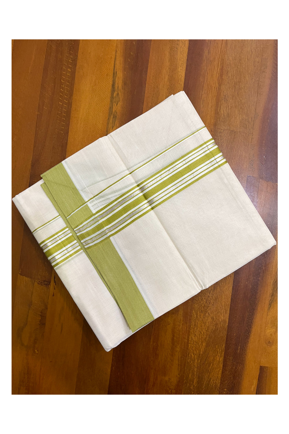 Kerala Pure Cotton Double Mundu with Silver Kasavu and Light Green Border (South Indian Kerala Dhoti)