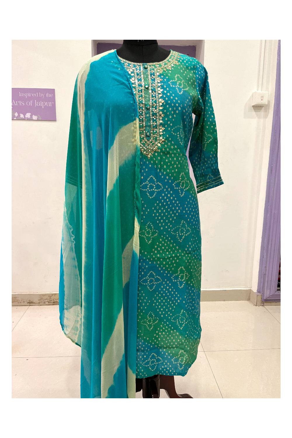 Southloom Stitched Semi Silk Salwar Set with Green Blue Prints and Sequins Works