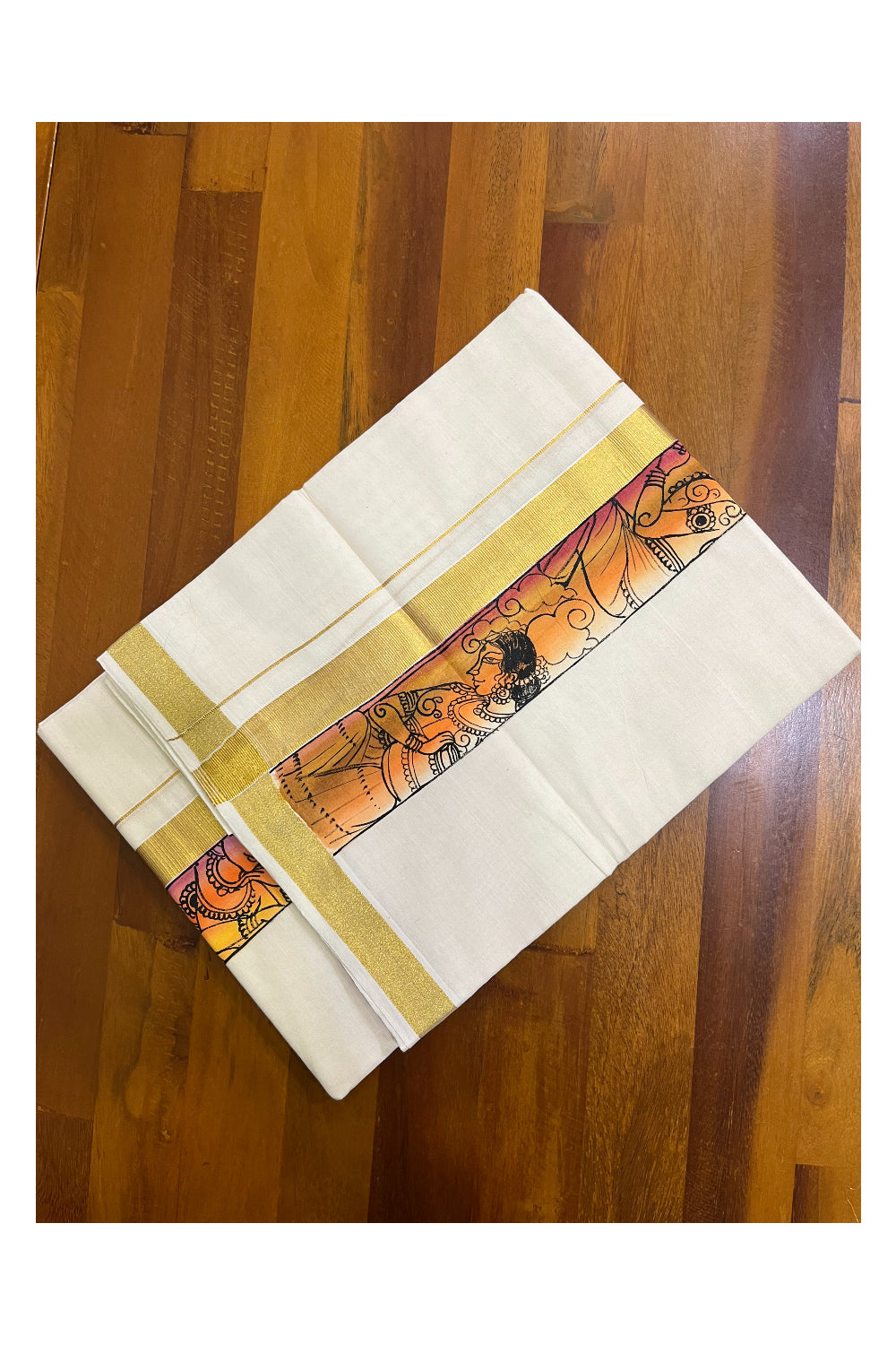 Kerala Pure Cotton Double Mundu with Krishna Mural Hand Painted Design on Kasavu Border (South Indian Kerala Dhoti)