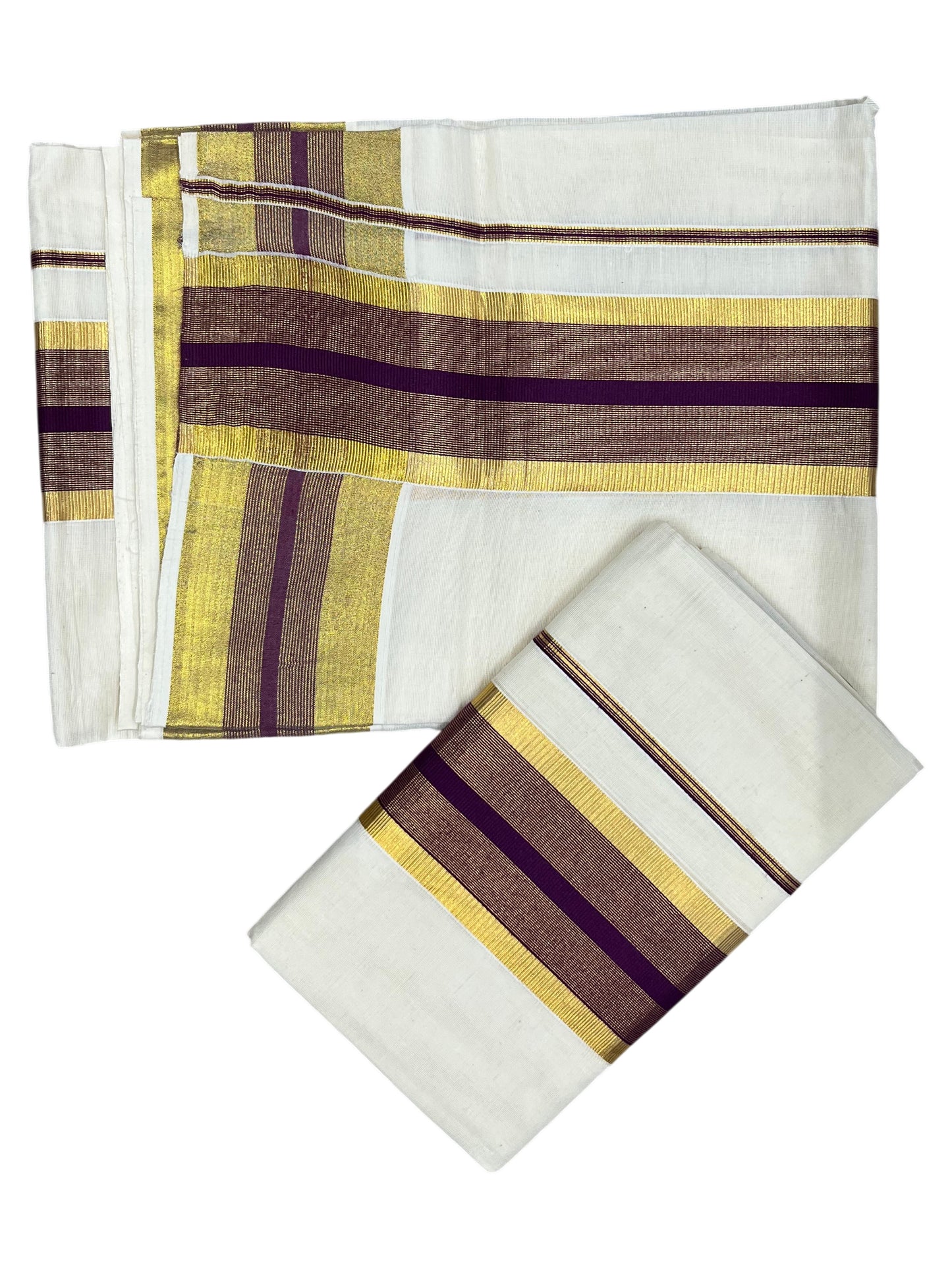 Southloom Pure Cotton Kerala Single Set Mundu (Mundum Neriyathum) with Purple and Kasavu Border 2.80 Mtrs SLKK