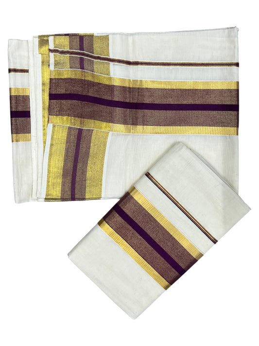 Southloom Pure Cotton Kerala Single Set Mundu (Mundum Neriyathum) with Purple and Kasavu Border 2.80 Mtrs SLKK