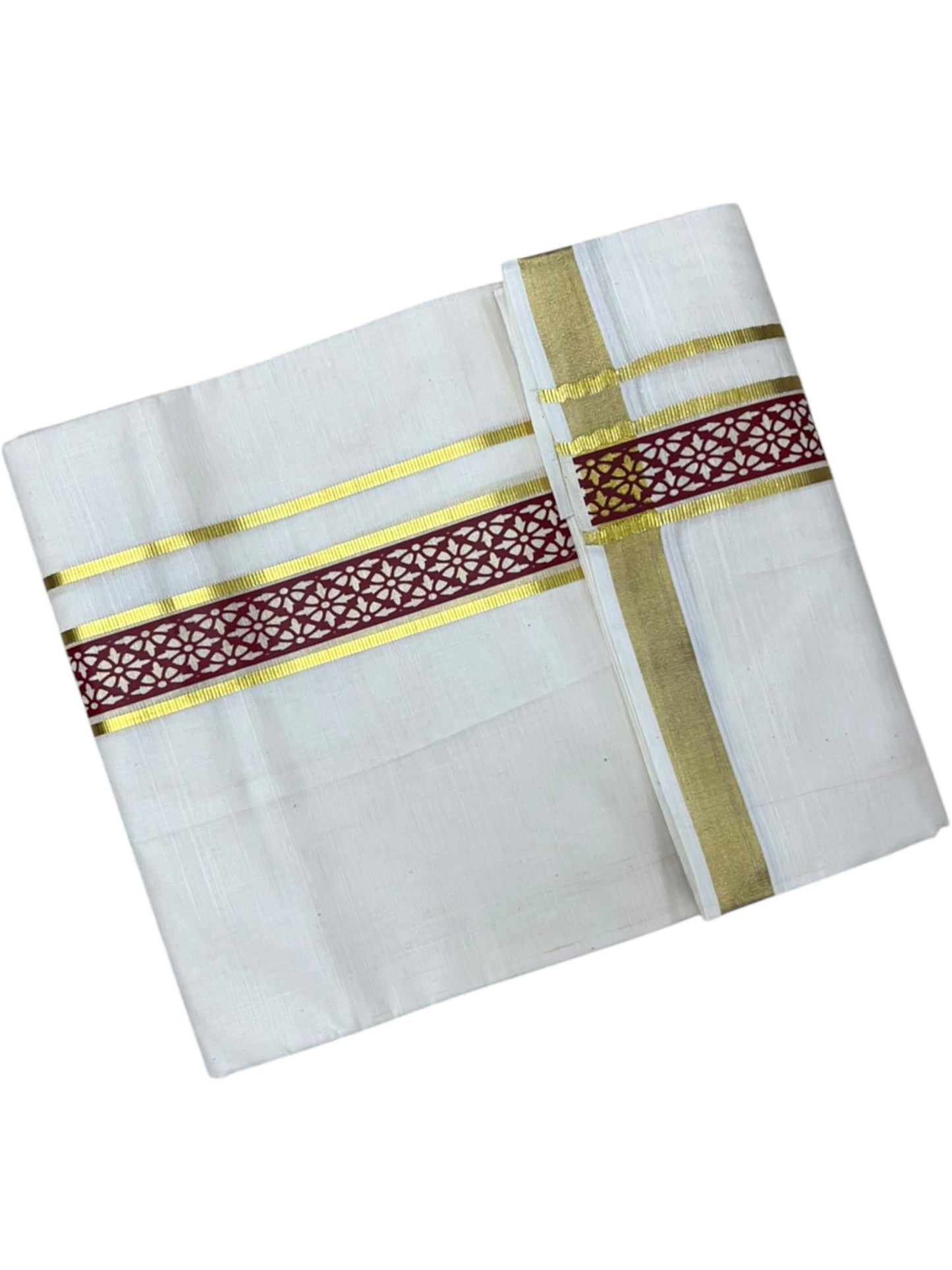 Southloom Pure Cotton Double Mundu with Maroon Block Printed And Ksavu Border (South Indian Kerala Dhoti)