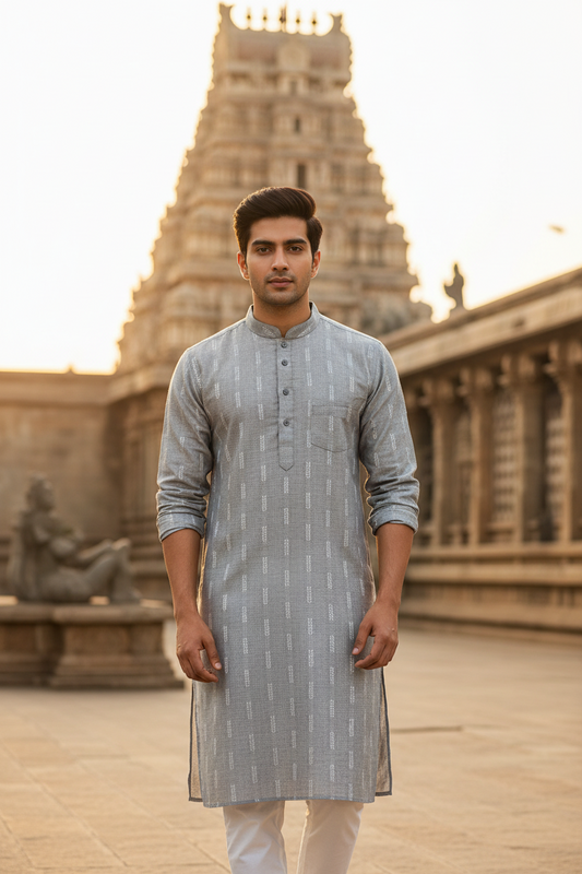 Southloom Grey Woven Patterns Semi Silk Short Kurta for Men
