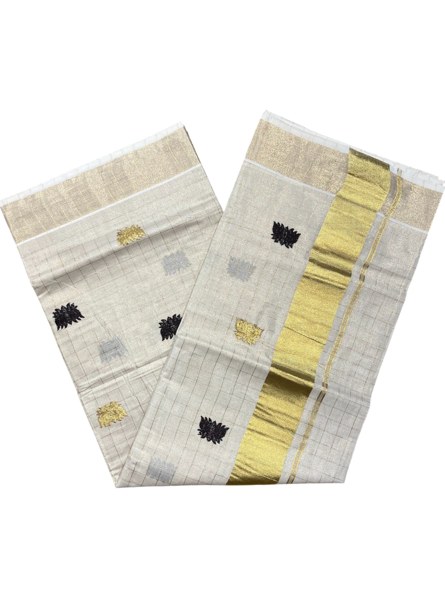 Southloom Kerala Tissue Kasavu Check Saree with Black Lotus Embroidery Works