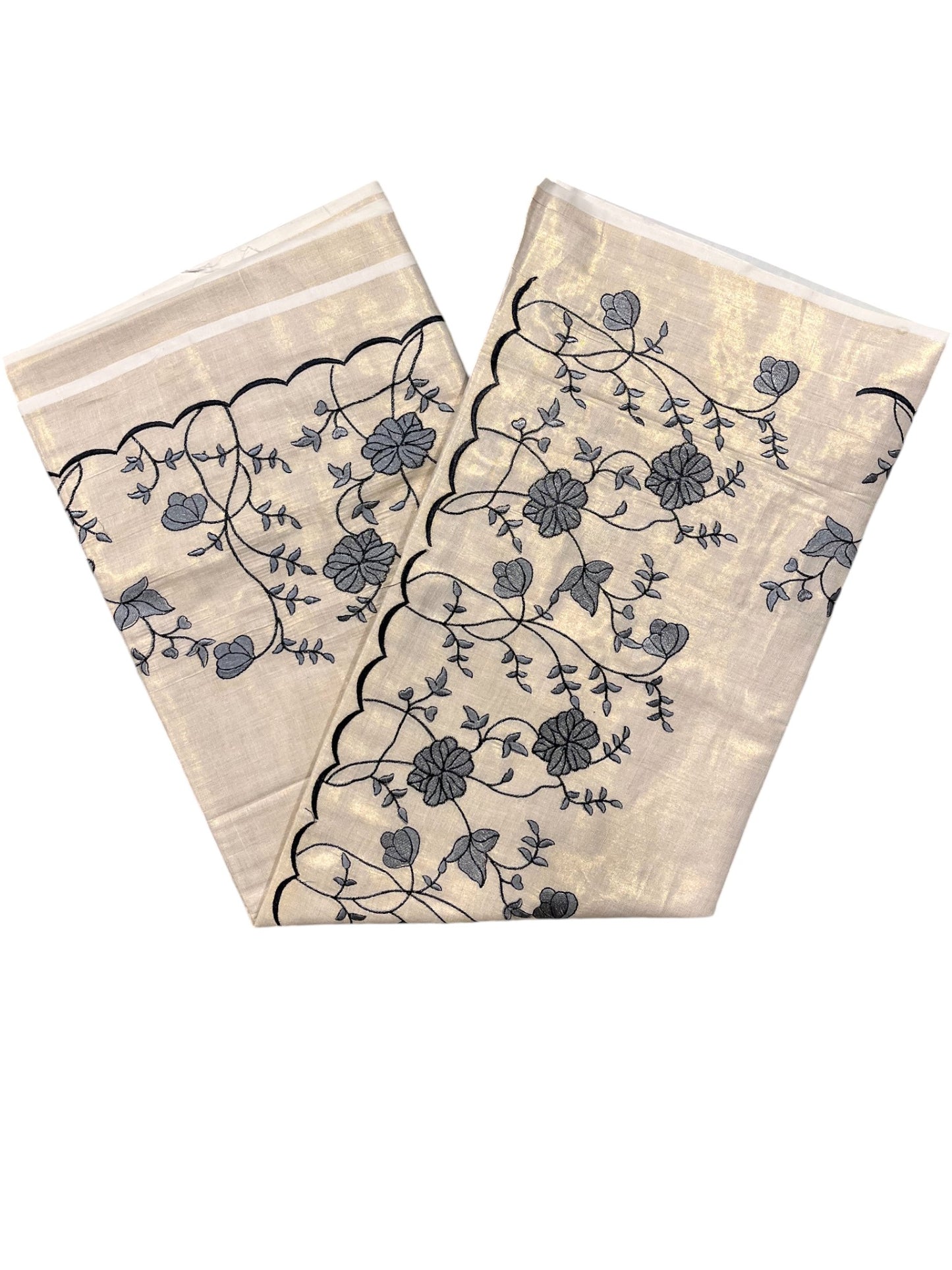 Southloom Cotton Kerala Saree with Grey Floral Embroidery Design on Border