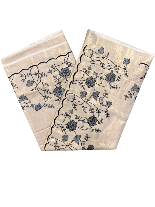 Southloom Cotton Kerala Saree with Grey Floral Embroidery Design on Border