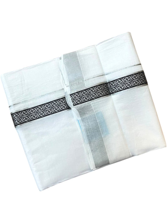 Southloom Pure White Cotton Mundu with Black and Silver Kasavu Border (South Indian Kerala Dhoti)
